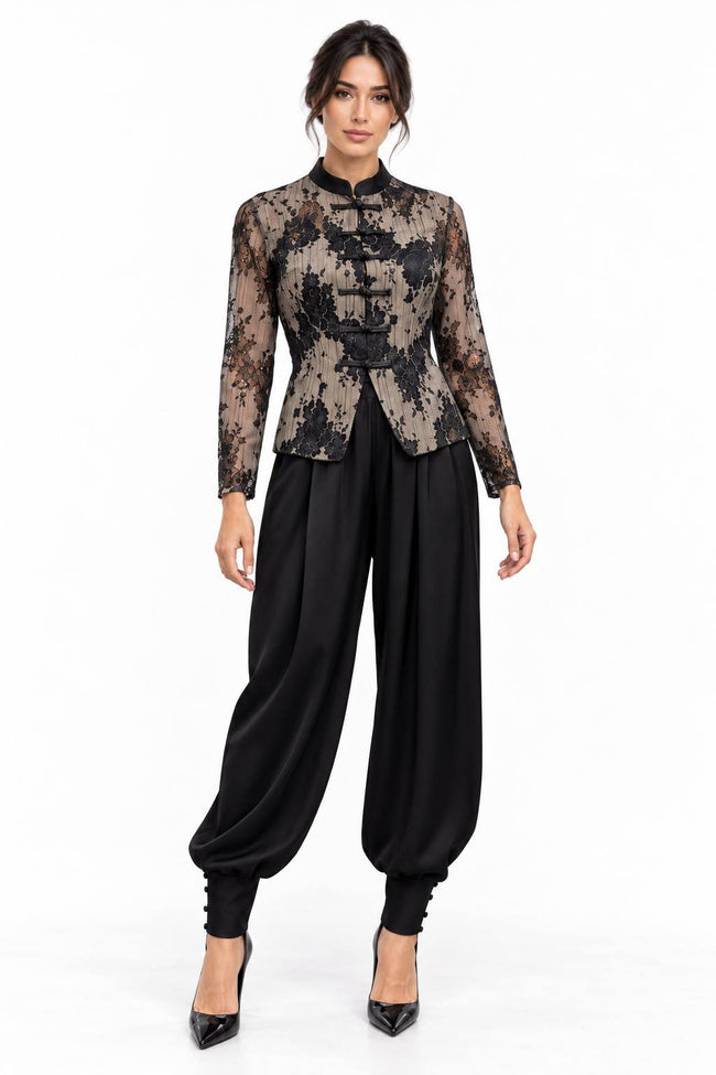 Beige & Black Floral Lace Jacket and Trouser Set