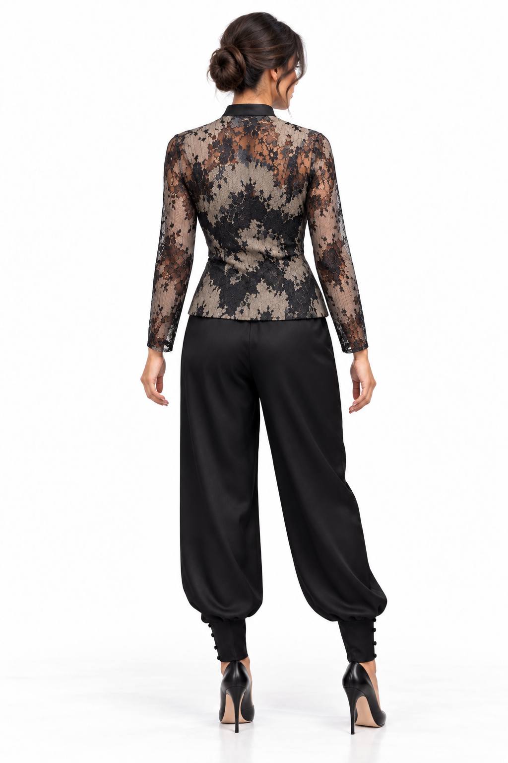 Beige & Black Floral Lace Jacket and Trouser Set