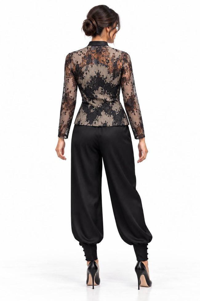 Beige & Black Floral Lace Jacket and Trouser Set