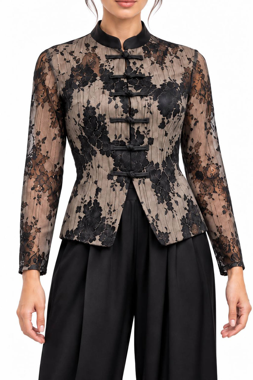 Beige & Black Floral Lace Jacket and Trouser Set