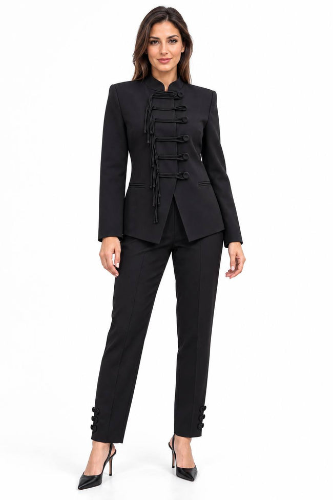 Black Cord-Detail Tailored Jacket & Trouser Set