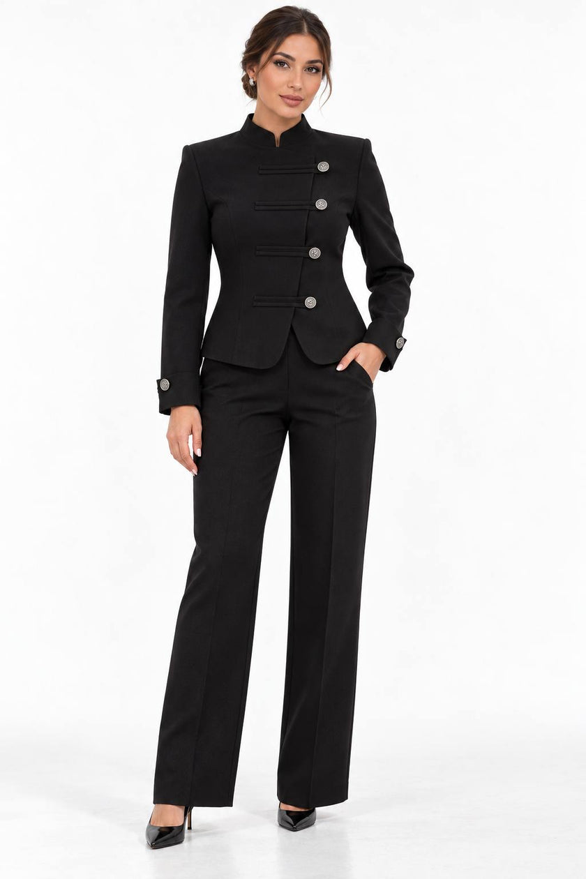 Black Silver-Button Tailored Jacket & Trouser Set