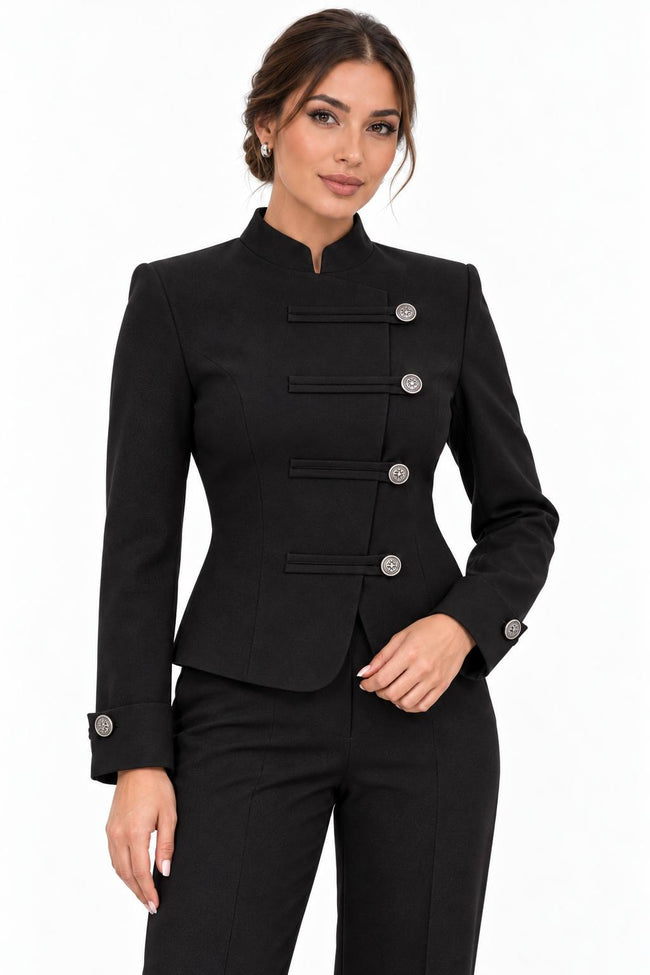 Black Silver-Button Tailored Jacket & Trouser Set