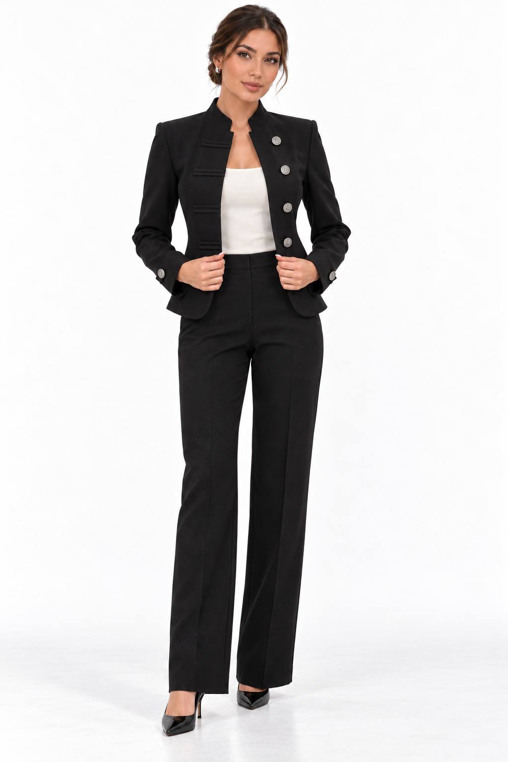 Black Silver-Button Tailored Jacket & Trouser Set