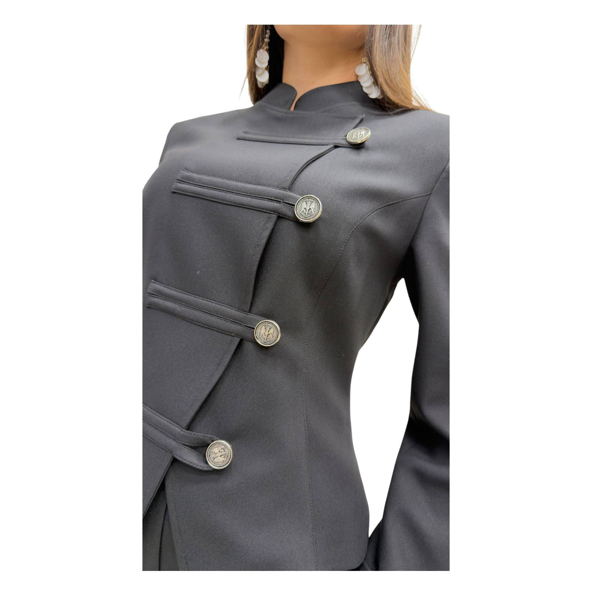Black Silver-Button Tailored Jacket & Trouser Set
