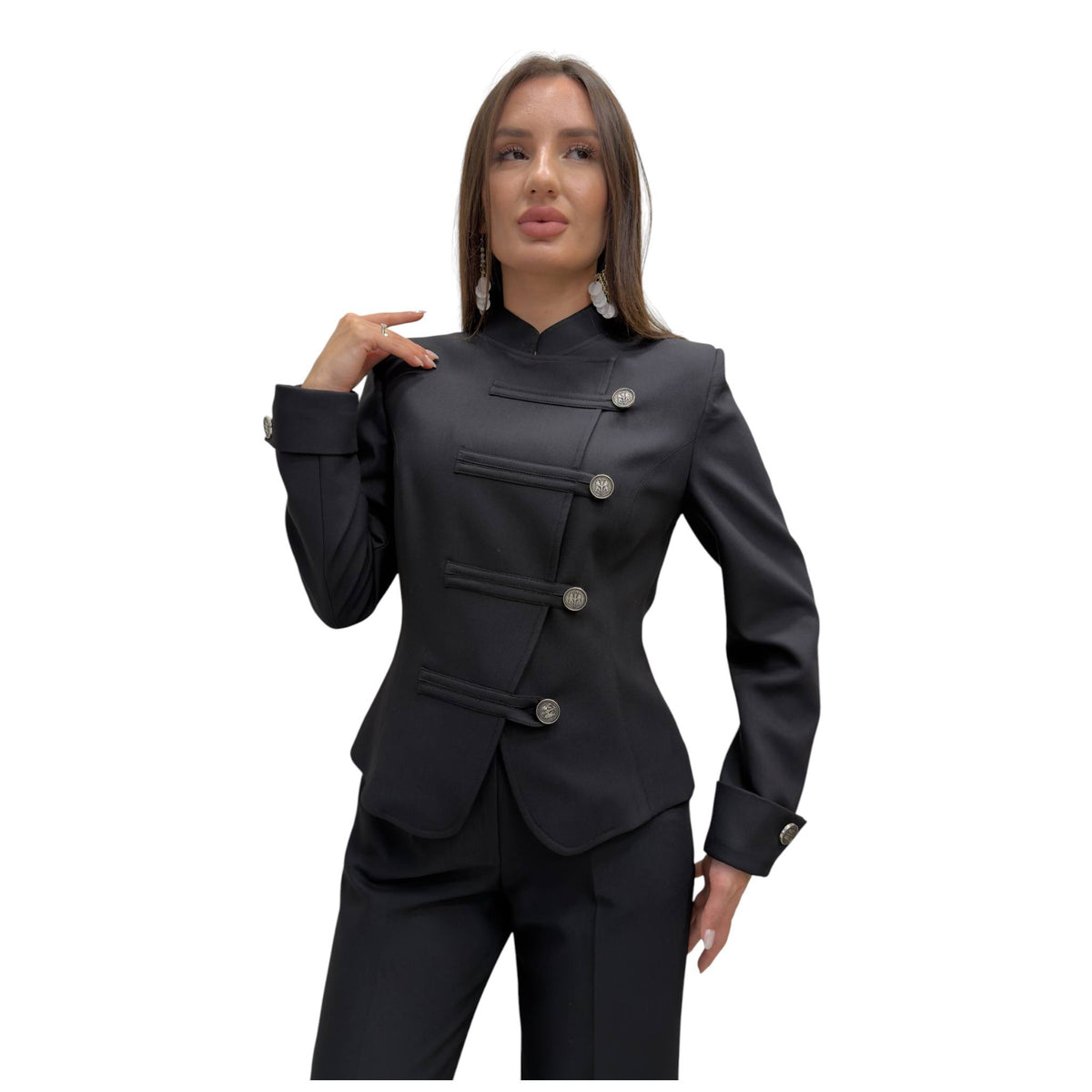Black Silver-Button Tailored Jacket & Trouser Set