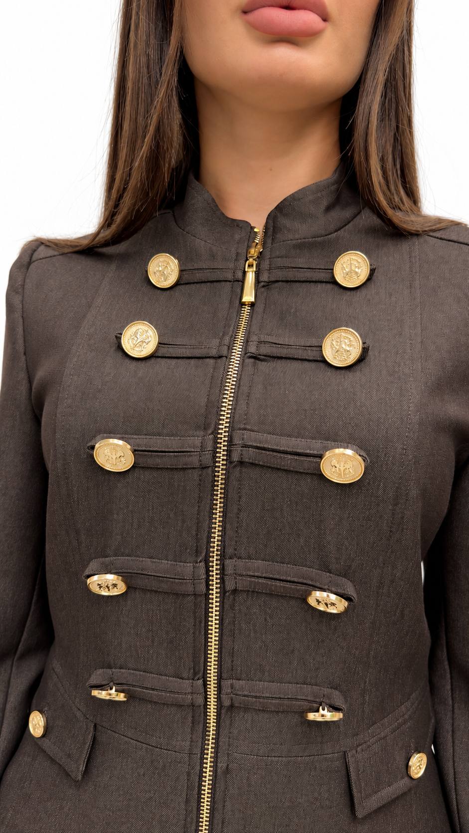 Mocha Brown Gold-Button Jacket & Trouser Set