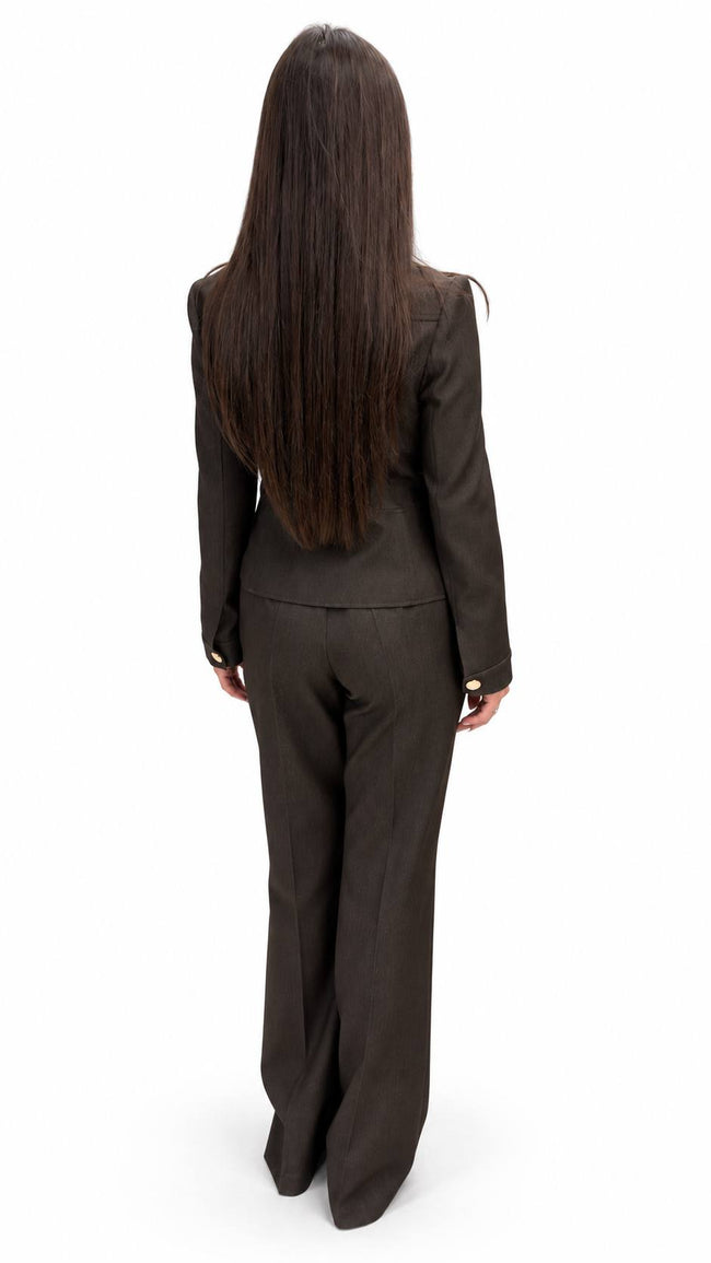 Mocha Brown Gold-Button Jacket & Trouser Set