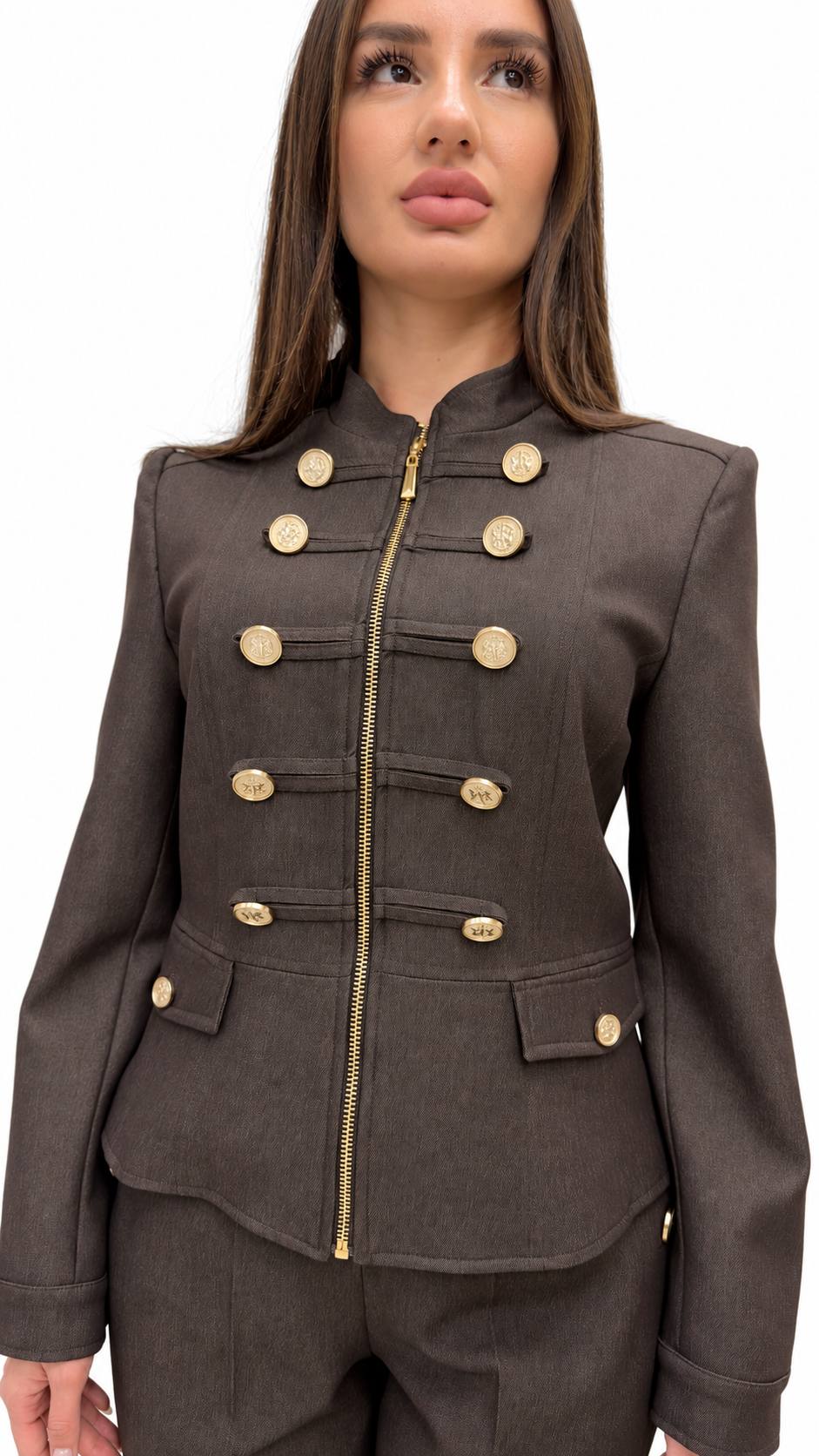 Mocha Brown Gold-Button Jacket & Trouser Set
