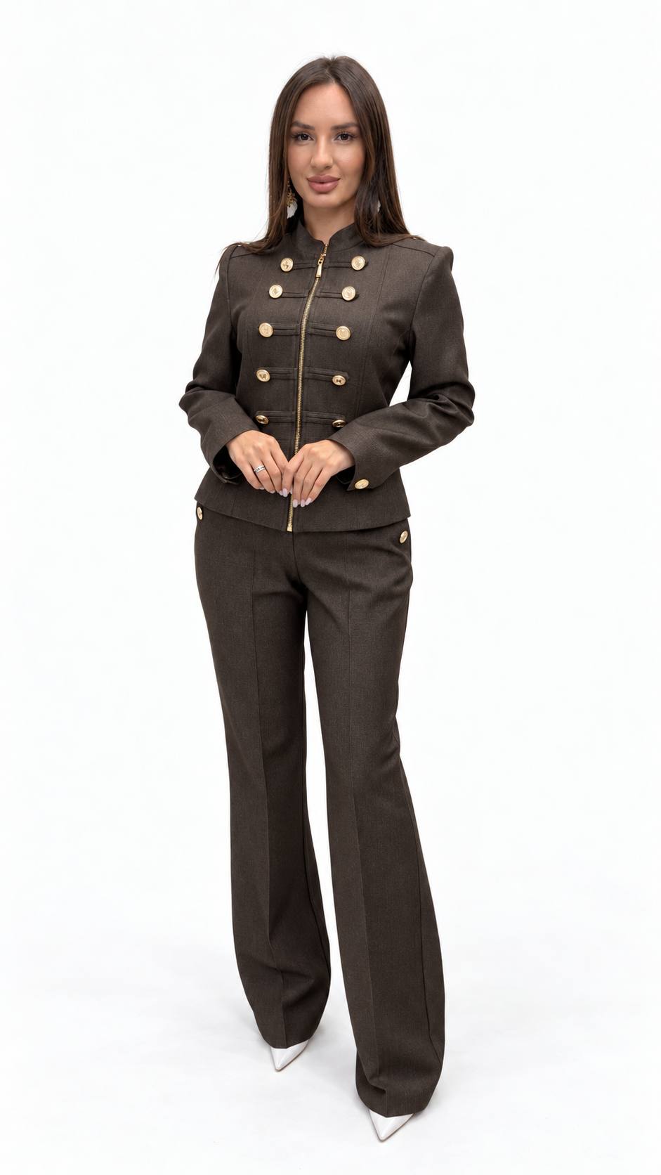 Mocha Brown Gold-Button Jacket & Trouser Set