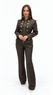 Mocha Brown Gold-Button Jacket & Trouser Set