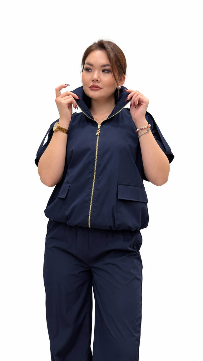 Navy Zip-Up Jacket & Contrast-Panel Trouser Set