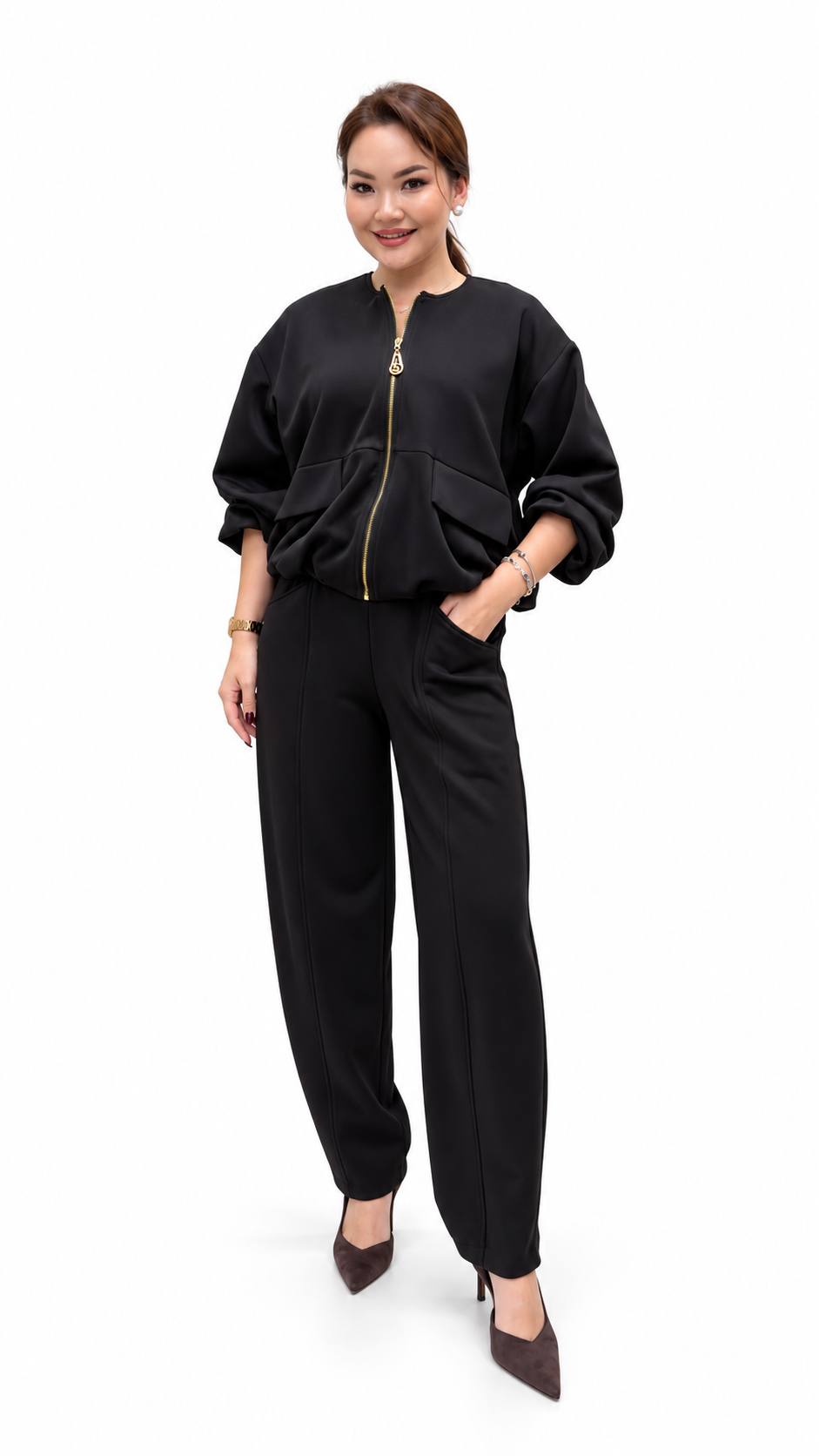 Black Zip-Up Jacket & Trouser Set with Leopard-Print Lining