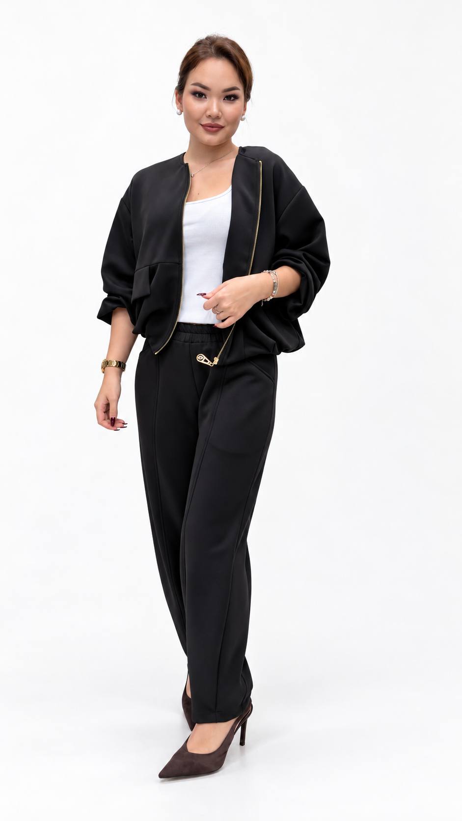 Black Zip-Up Jacket & Trouser Set with Leopard-Print Lining