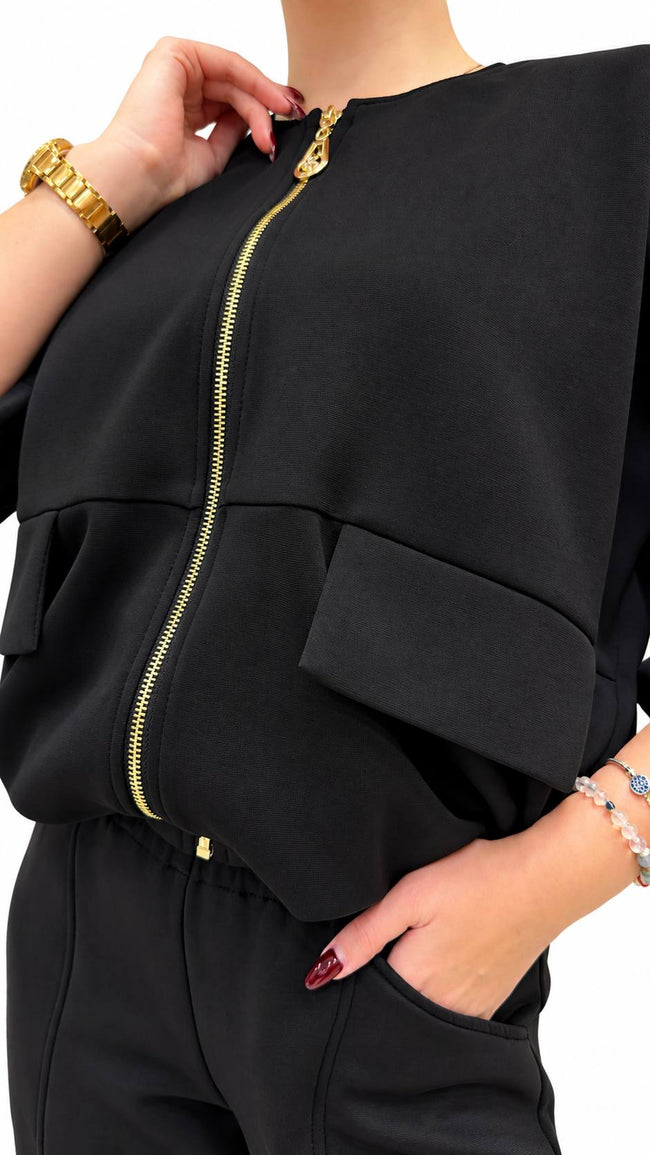 Black Zip-Up Jacket & Trouser Set with Leopard-Print Lining