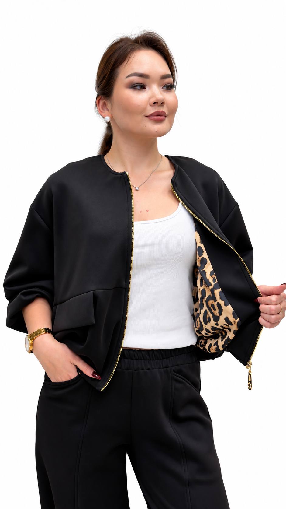 Black Zip-Up Jacket & Trouser Set with Leopard-Print Lining