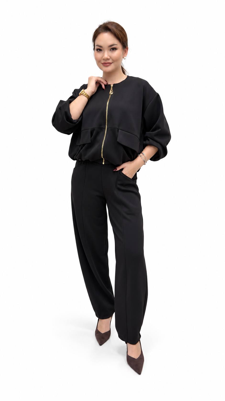 Black Zip-Up Jacket & Trouser Set with Leopard-Print Lining