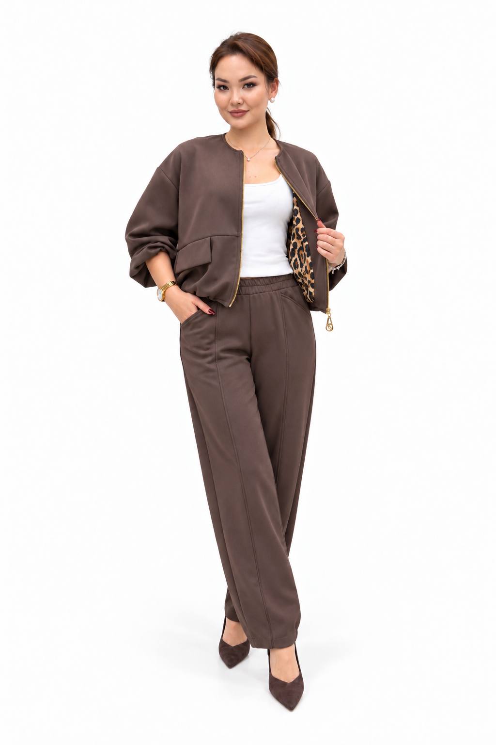 Mocha Brown Gold-Zip Jacket & Trouser Set