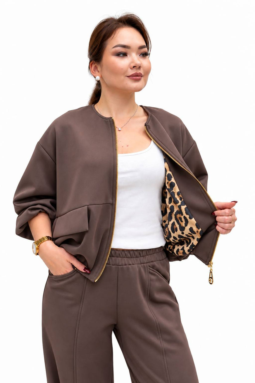 Mocha Brown Gold-Zip Jacket & Trouser Set